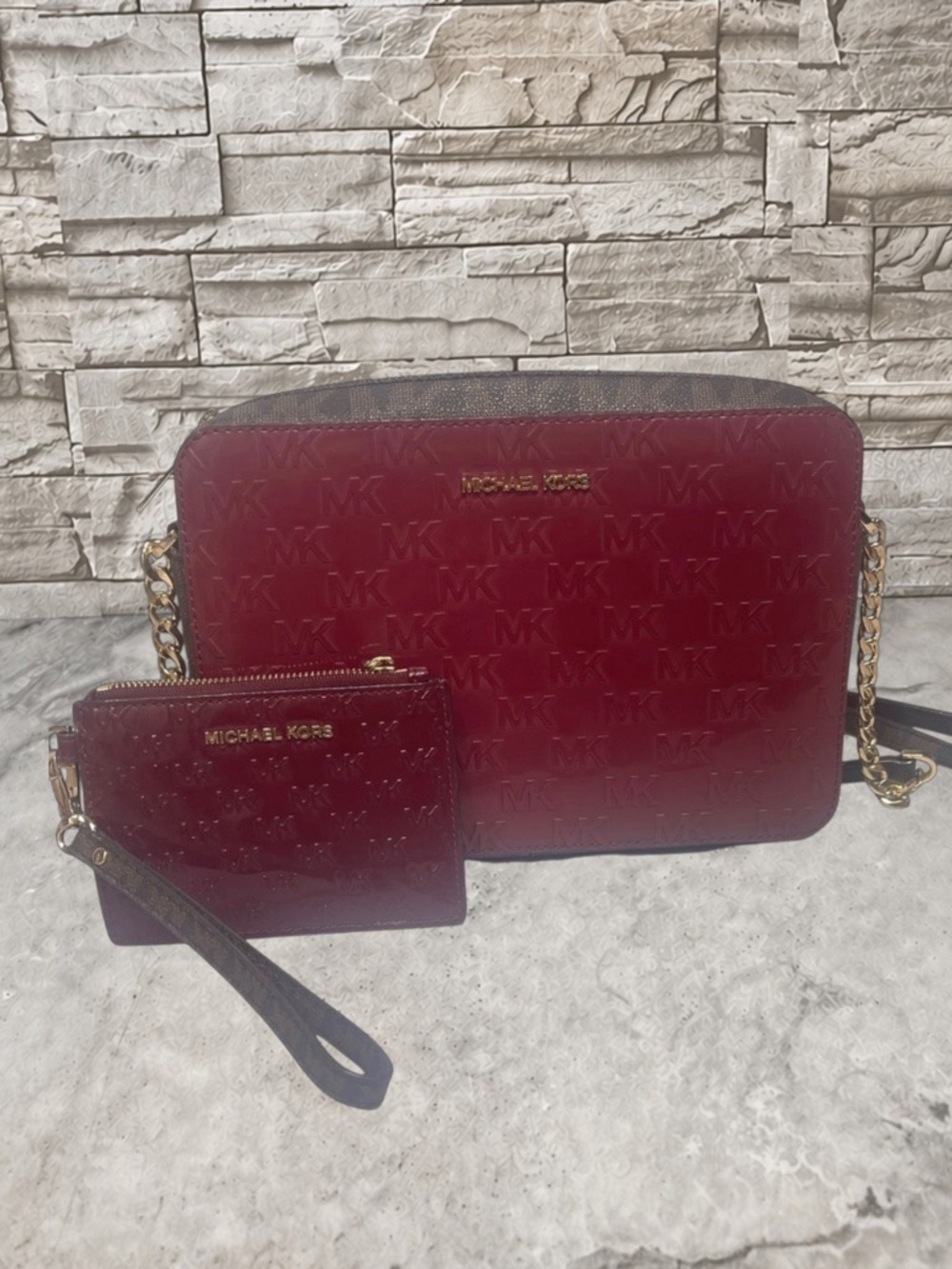 Michael Kors Burgundy Embossed Patent Leather Crossbody Bag & Wallet Set Berry